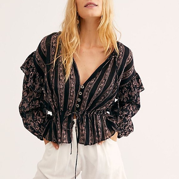 Free People Tops - Free People Amanda's Printed Blouse - Black